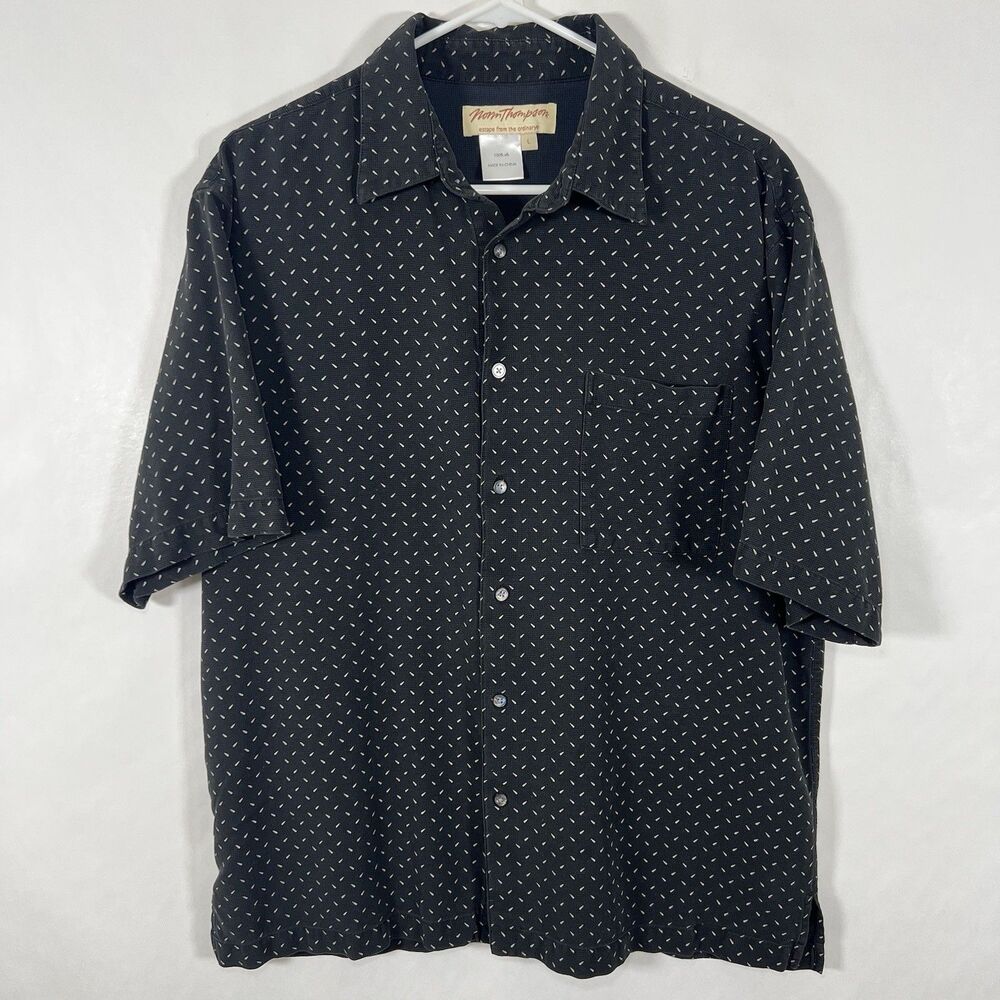 Norm Thompson Short Sleeve Button Up 100% Silk Shirt Large Black Geometric VTG
